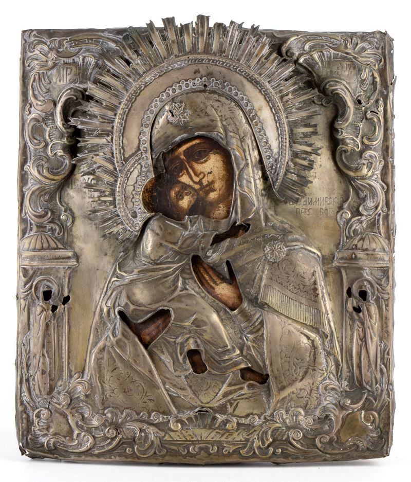 Icona russa, Madre di Dio di Vladimir (Vladimirskaja) con riza, tempera su tavola (XIX secolo)