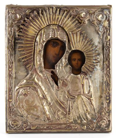 Icona russa della Madre di Dio di Kazan, tempera su tavola con riza (fine XIX secolo)