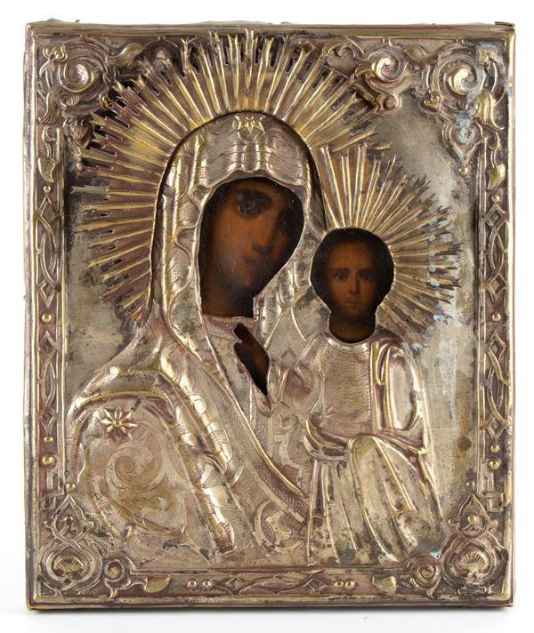 Russian icon with oklad depicting Vergin and Child