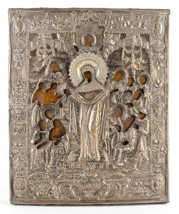 Russian icon with oklad depicting the Mother of God joy of all the afflicted