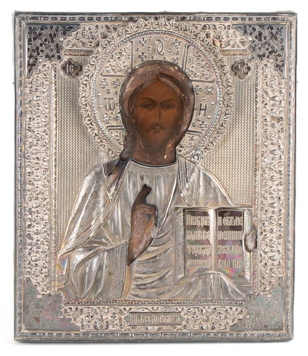 A Russian icon with silver oklad depicting Christ Pantocrator