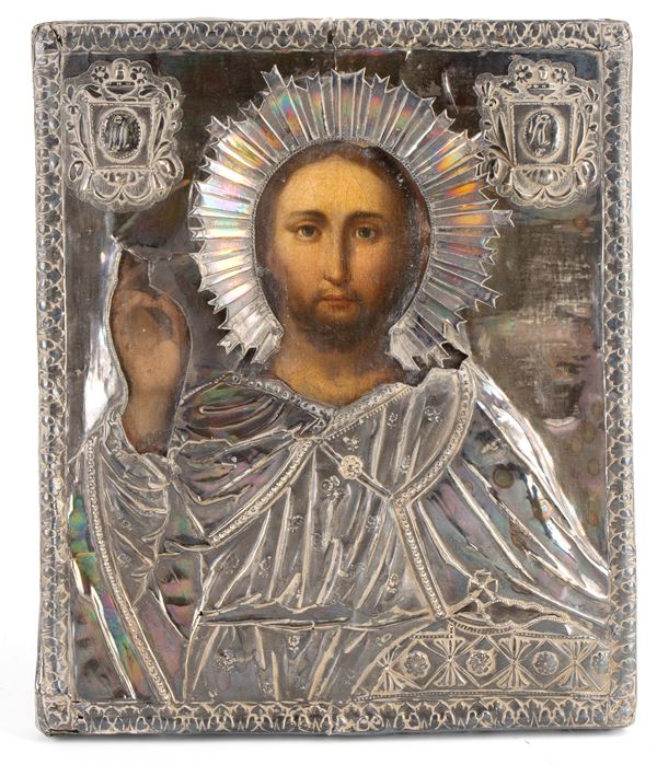 A Russian icon with silver oklad depicting Christ Pantocrator