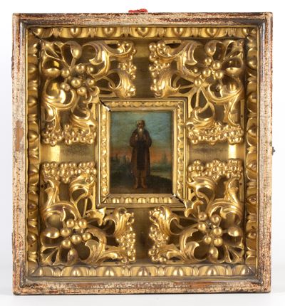 Icona russa raffigurante San Paolo Taumaturgo, cornice decorata dorata, XIX secolo