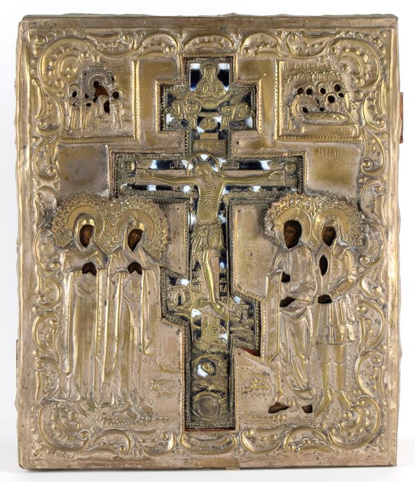 Russian Stauroteca icon with bronze cross, enamel, and oklad
