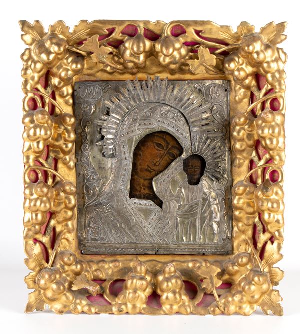 Russian icon with oklad depicting the Virgin with the Baby