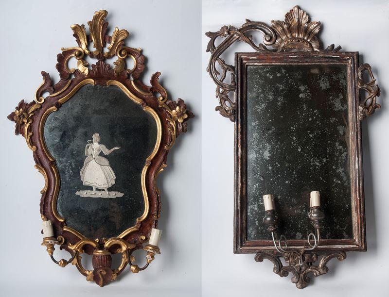 Appliques da muro con specchio, legno argentato e lacca rossa, prima metà XX secolo