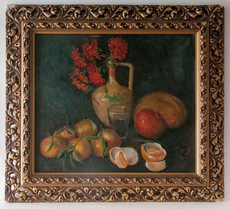 Natura Silente, con Frutta, Vaso e Fiori