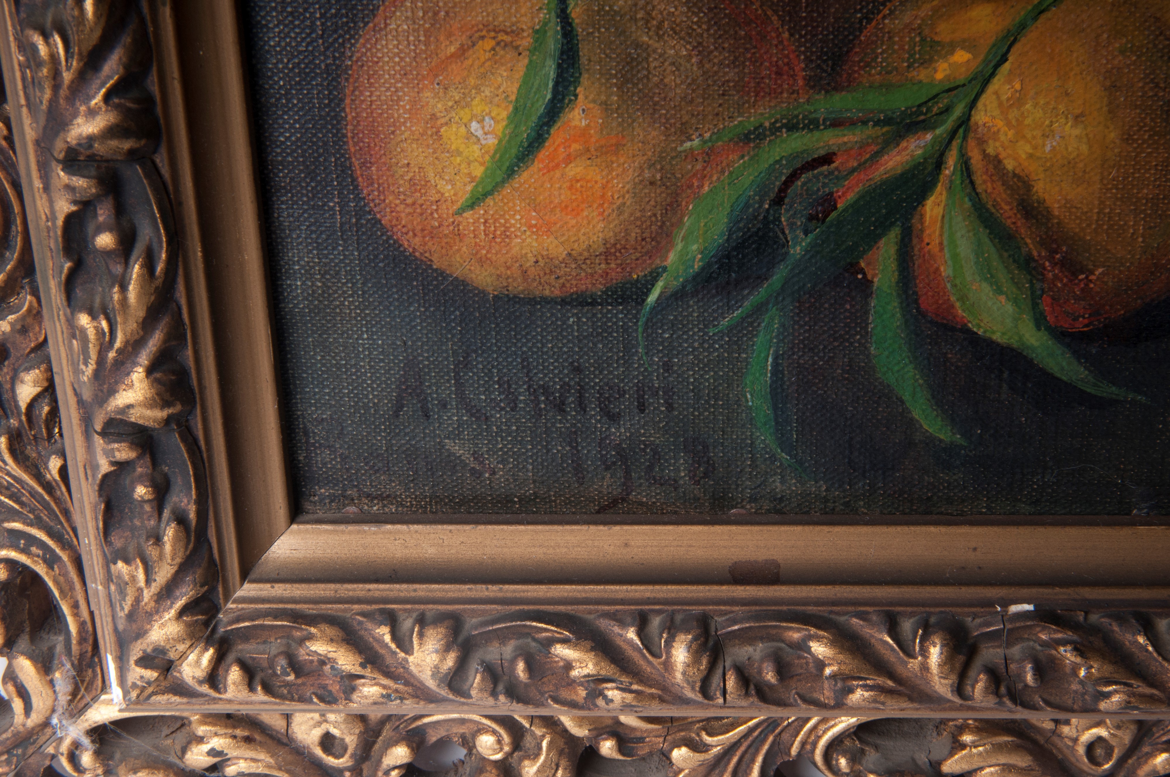 Natura silente, con frutta, vaso e fiori