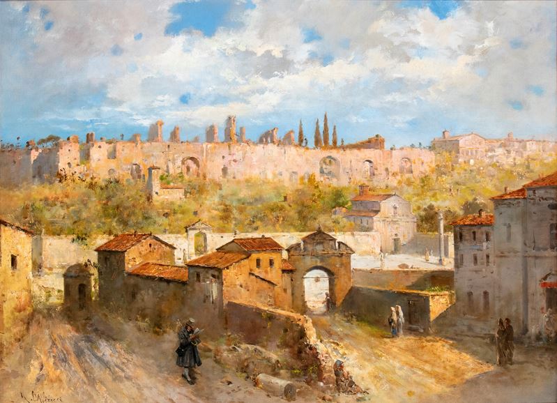 Augusto Alberici - Veduta di Roma con le Terme di Caracalla e la Basilica dei Santi Nereo e Achil...