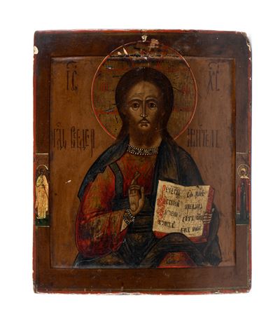 Icona russa, Cristo Pantocratore con Santi in edicole laterali, tempera su tavola