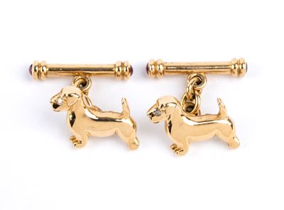 Gemelli in oro giallo 18k a forma di cani bassotti con diamanti e rubini cabochon