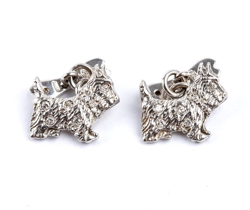 Gemelli in oro bianco 18k a forma di cane con diamanti