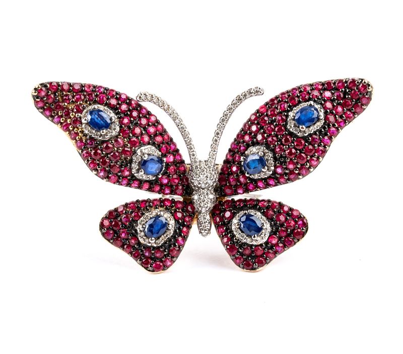 Anello - pendente in oro con diamanti, zaffiri e rubini