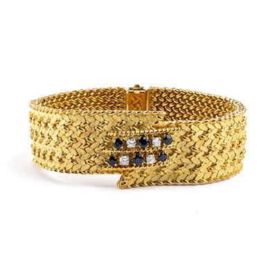 GUIDI ENNIO, Bracciale in oro 18k con diamanti e zaffiri a motivo a nastro
