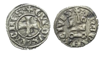 Guy II de la Roche, ATENE. Ducato di Atene, denaro tornese, croce patente e castello