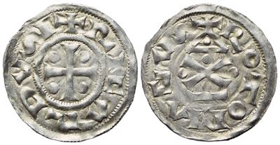 Riccardo I (943–996), Denaro, Croce con quattro globetti; Rotomagus, tempio e croce di Sant’Andre...