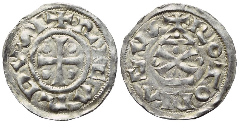 Riccardo I (943–996), Denaro, Croce con quattro globetti; Rotomagus, tempio e croce di Sant’Andre...