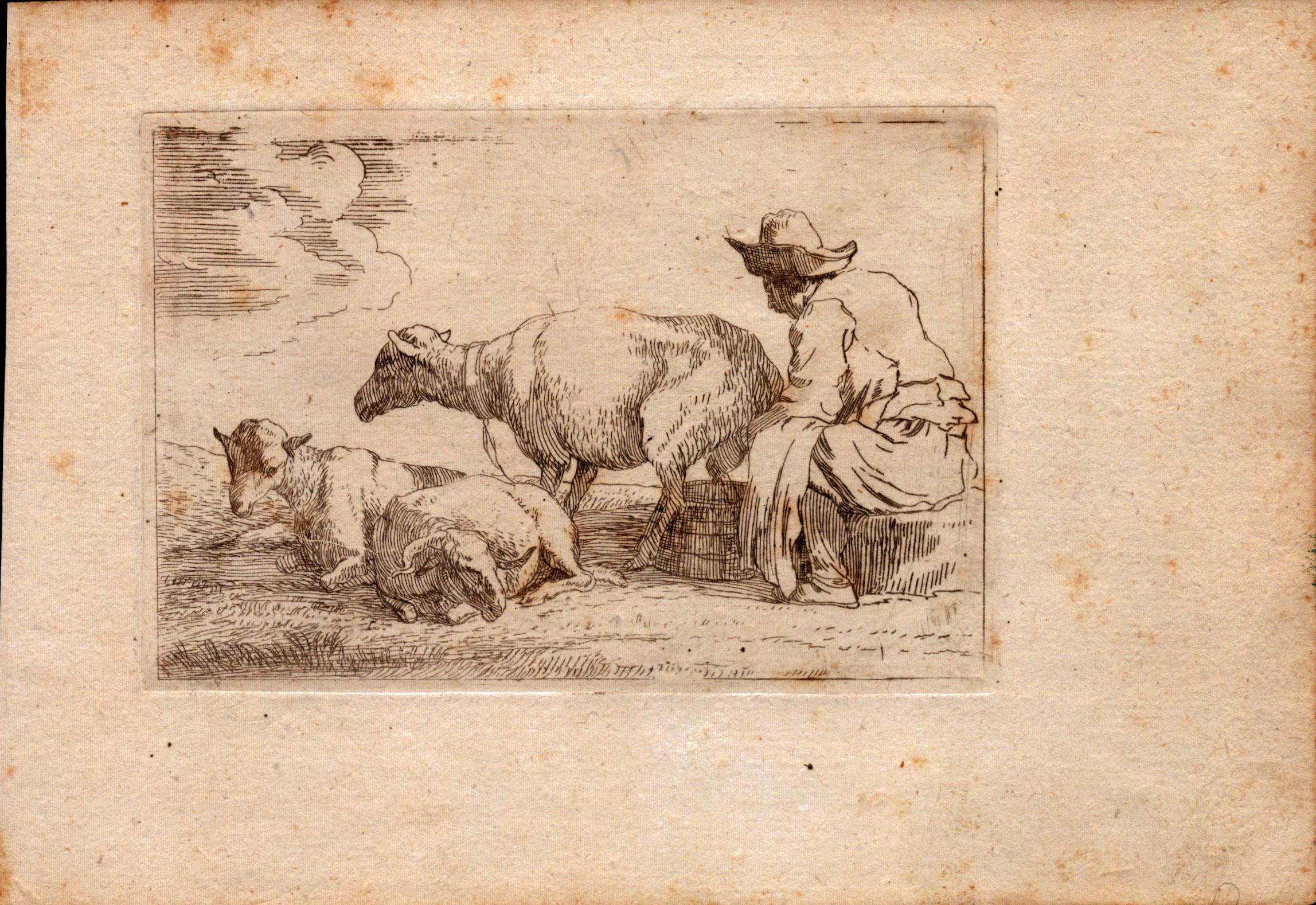 Riposo durante la fuga in Egitto | Pastore che munge una pecora