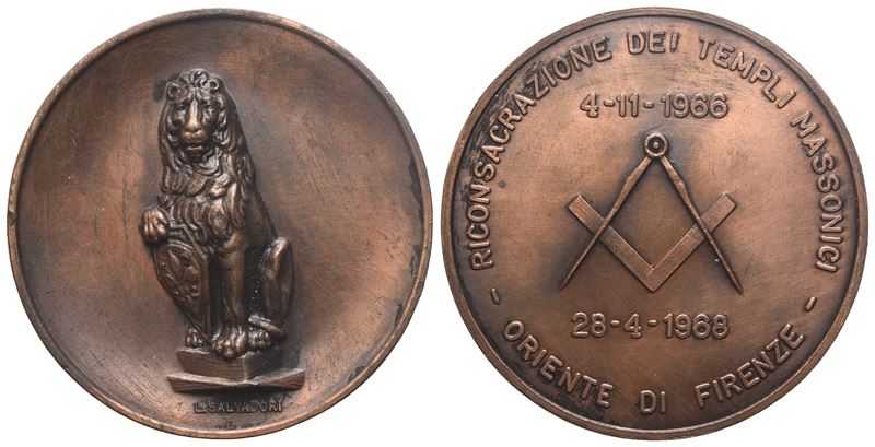 Medaglia Riconsacrazione dei Templi Massonici - Oriente di Firenze, 4/11/1966 - 28/4/1968, Ae (46...