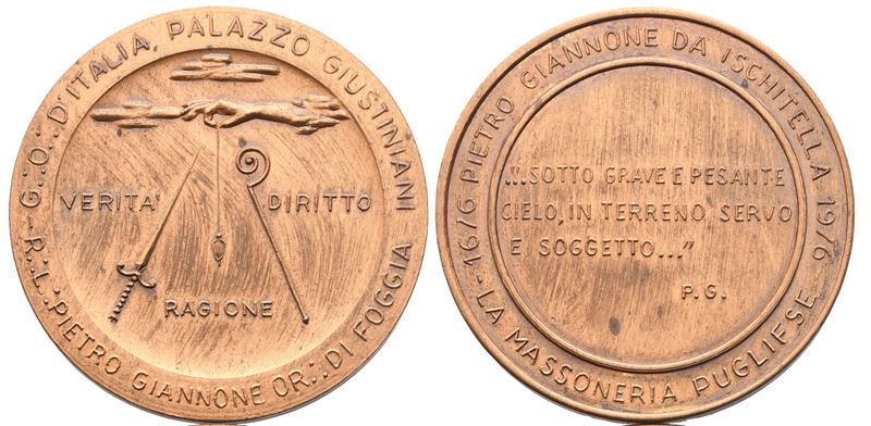 Medaglia R. L. "pietro Giannone" Or. di Foggia, G. O. D'italia Palazzo Giustiniani (35,5 MM)