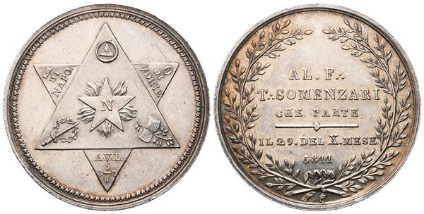 Medaglia Al F. T. Somenzari Che Parte il 29. Del X. Mese 5811 (48 mm)  - Asta MASSONICA  Medaglie, Distintivi e Gioielli di Loggia  dai primi dell'800 al tardo ‘900 - Bertolami Fine Art - Casa d'Aste