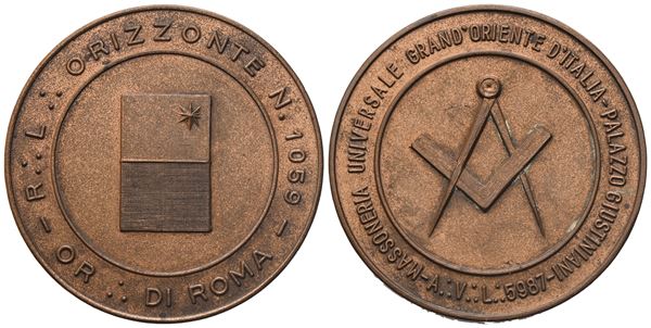 Medaglia R. L. "Orizzonte" N° 1059, Or. Di Roma, AE (40,2 mm)  - Auction MASONIC MEDALS & JEWELS From the Early 19th to the Late 20th Century - Bertolami Fine Art - Casa d'Aste
