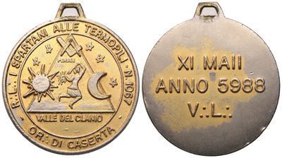 Medaglia R. L. "i Spartani alle Termopili" N° 1067 Or. di Caserta, XI Maii Anno 5988 V. L. (40,2 ...