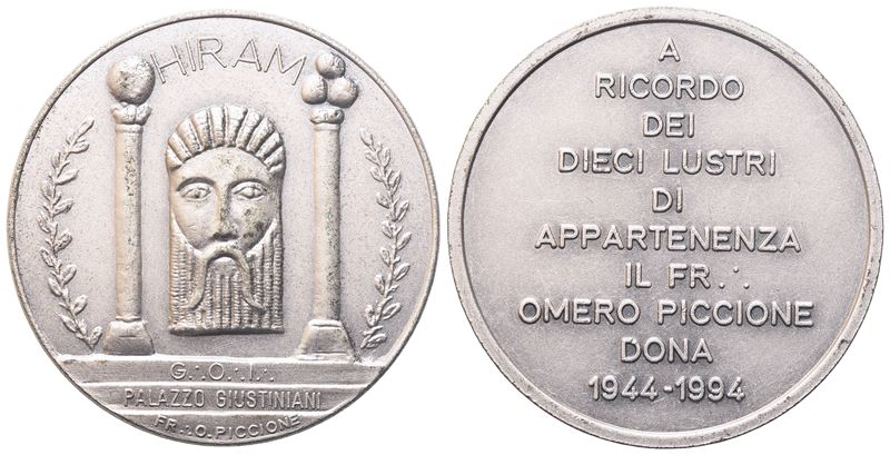Medaglia "hiram", a Ricordo dei Dieci Lustri di Appartenenza il Fr. Omero Piccione Dona 1944 - 19...
