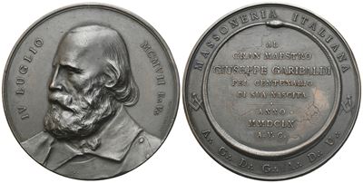 Medaglia Massoneria Italiana, al Gran Maestro Giuseppe Garibaldi Pel Centenario di Sua Nascita (5...