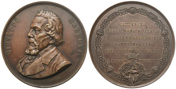 Medaglia "Giuseppe Mazzoni", Cittadino Esule Uomo Di Stato Di Austere Civili Virtù Grande Maestro, XVII Anni Dalla Morte, X Maggio MDCCCXCVII, AE (55 mm)  - Auction MASONIC MEDALS & JEWELS From the Early 19th to the Late 20th Century - Bertolami Fine Art - Casa d'Aste