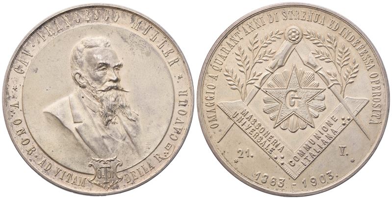 Medaglia Omaggio a Quarant'anni di Strenua ed Indefessa Operosità, 1863 - 1903 (49,8 MM)