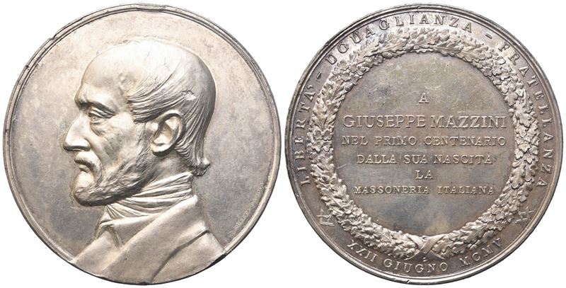 Medaglia Massoneria Italiana "a Giuseppe Mazzini nel Primo Centenario dalla Sua Nascita" XXII Giu...