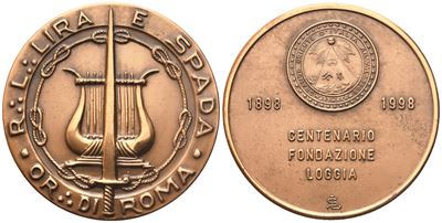 Medaglia R. L. "lira e Spada" Or. di Roma, 1898 - 1998 Centenario Fondazione Loggia (51,2 MM)