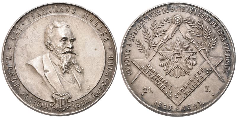 Medaglia Cav. F. Muller, Omaggio a Quarant'anni di Strenua ed Indefessa Operosità, 21-V-1863 - 19...