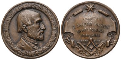 Medaglia a Giuseppe Mazzini la Massoneria Italiana, 1872 - 1922 (35,8 MM)