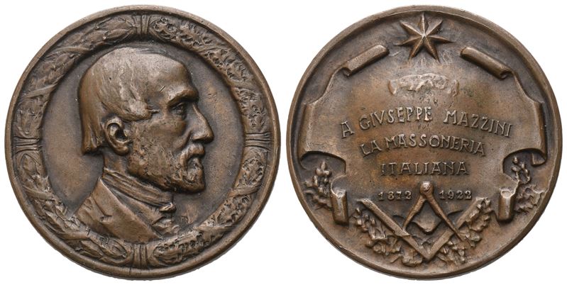 Medaglia a Giuseppe Mazzini la Massoneria Italiana, 1872 - 1922 (35,8 MM)