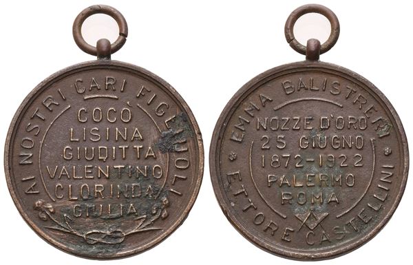 Medaglia Emma Balistreri - Ettore Castellini, Nozze D'Oro 25 Giugno 1872 - 1922 (30 mm)  - Auction MASONIC MEDALS & JEWELS From the Early 19th to the Late 20th Century - Bertolami Fine Art - Casa d'Aste