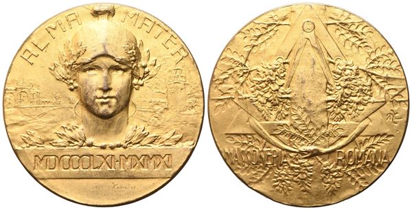 Medaglia Massoneria Romana, Alma Mater MDCCCLXI - MXMXI (45,3 mm)  - Auction MASONIC MEDALS & JEWELS From the Early 19th to the Late 20th Century - Bertolami Fine Art - Casa d'Aste