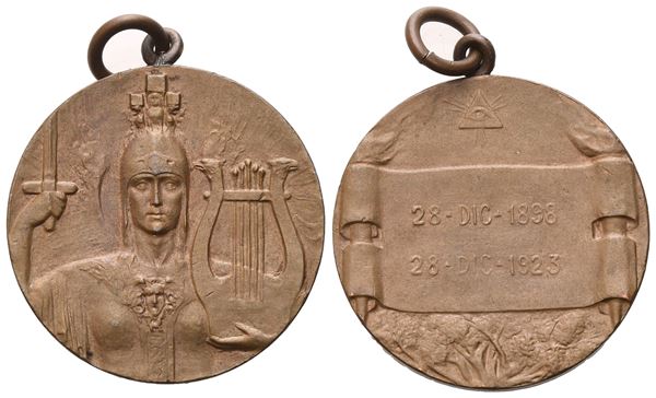 Medaglia R. L. "Lira E Spada" N° 168, 25 Anni Dalla Costituzione, 28 Dic. 1898 - 28 Dic. 1923 (28 mm)  - Auction MASONIC MEDALS & JEWELS From the Early 19th to the Late 20th Century - Bertolami Fine Art - Casa d'Aste