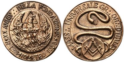 Medaglia Mass. Universale Gr. Or. D'italia, R. L. "prometeo" 1053, XX Anniv. della Fondazione 198...