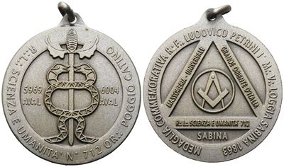 Medaglia Commemorativa R. F. Ludovico Petrini I° M. V. Loggia "sabina" 1863, R. L. "scienza e Uma...