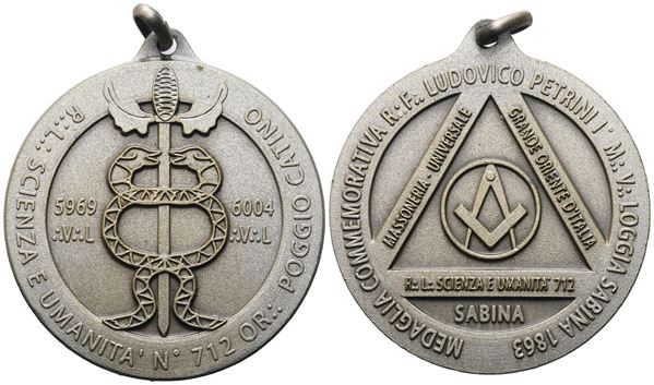 Medaglia Commemorativa R. F. Ludovico Petrini I° M. V. Loggia "Sabina" 1863, R. L. "Scienza E Umanità" N° 712 Or. Poggio Catino (40,1 mm)  - Auction MASONIC MEDALS & JEWELS From the Early 19th to the Late 20th Century - Bertolami Fine Art - Casa d'Aste
