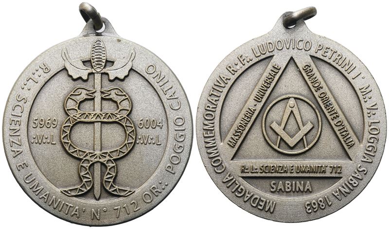 Medaglia Commemorativa R. F. Ludovico Petrini I° M. V. Loggia "sabina" 1863, R. L. "scienza e Uma...