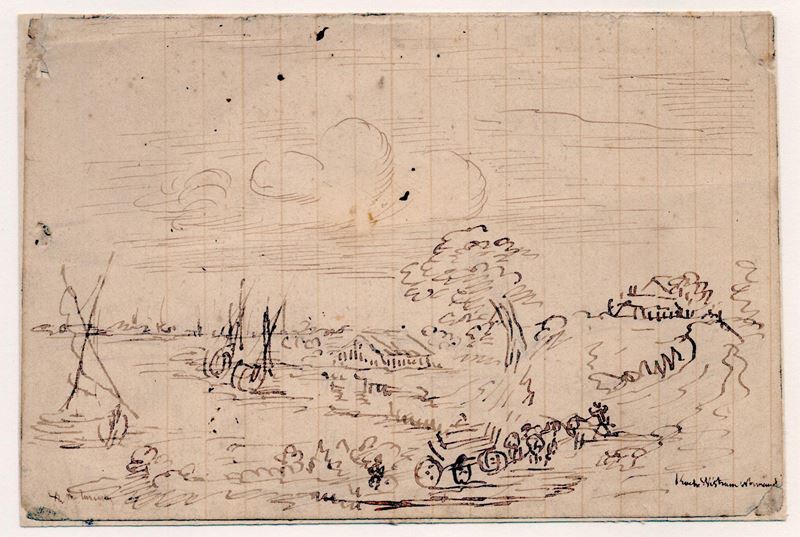 Paesaggio di campagna con corso d'acqua e barche