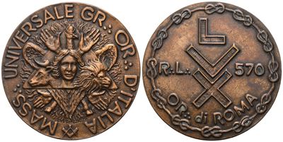 Medaglia Mass. Universale Gr. Or. D'italia, R. L. "lvx" 570 Or. di Roma (45,4 MM)