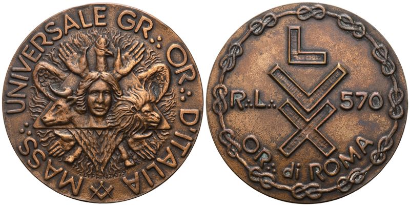 Medaglia Mass. Universale Gr. Or. D'italia, R. L. "lvx" 570 Or. di Roma (45,4 MM)