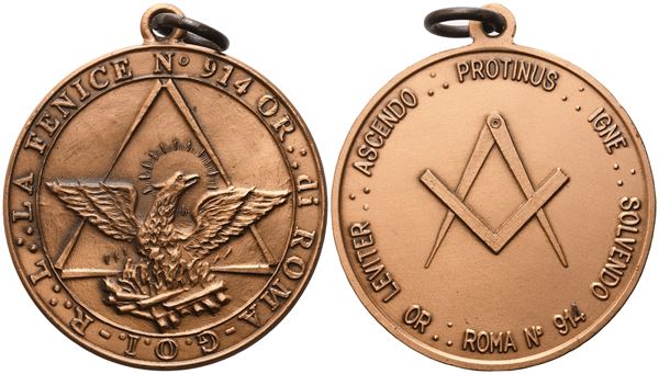 Medaglia R. L. "La Fenice" N° 914 Or. Di Roma (50 mm)  - Auction MASONIC MEDALS & JEWELS From the Early 19th to the Late 20th Century - Bertolami Fine Art - Casa d'Aste
