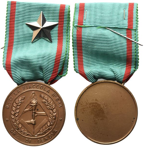 Medaglia R. L. "La Fiaccola" N° 511 Or. Di Genova (37 mm)  - Auction MASONIC MEDALS & JEWELS From the Early 19th to the Late 20th Century - Bertolami Fine Art - Casa d'Aste