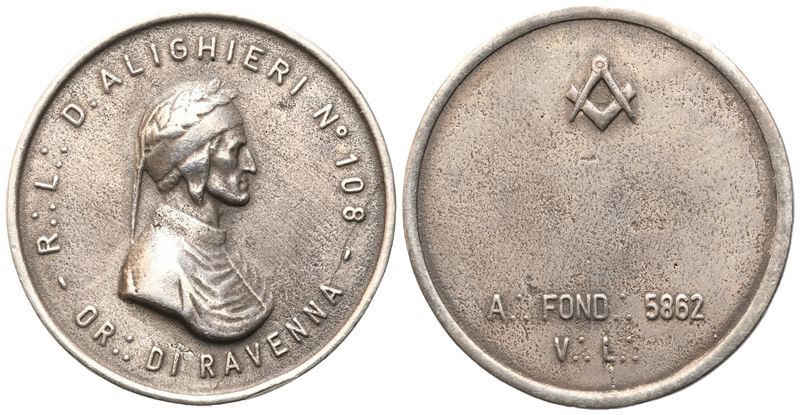 Medaglia R. L. "dante Alighieri" N° 108, Or. di Ravenna, A. Fond. 5862 V. L. (33,8 MM)
