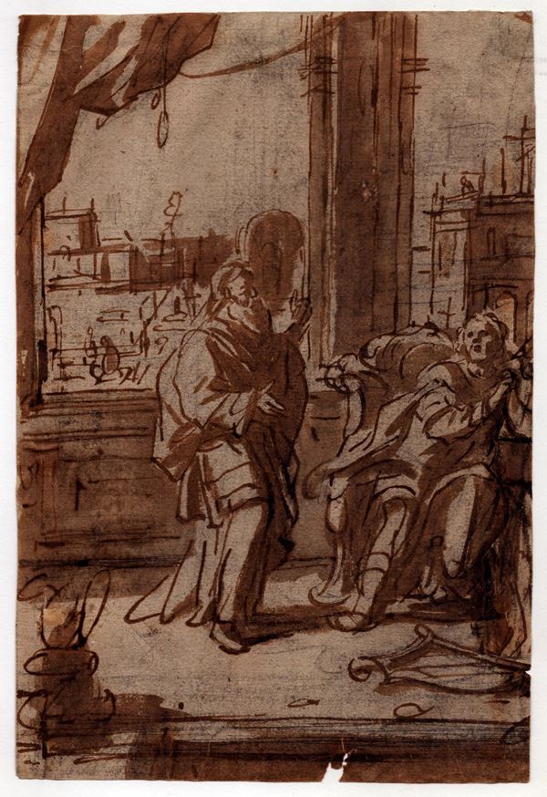 Two figures in conversation in an interior
